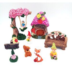 Fairy Garden Gnome 9 Piece Doctors Office Swing & Cute Animal Figures Bench